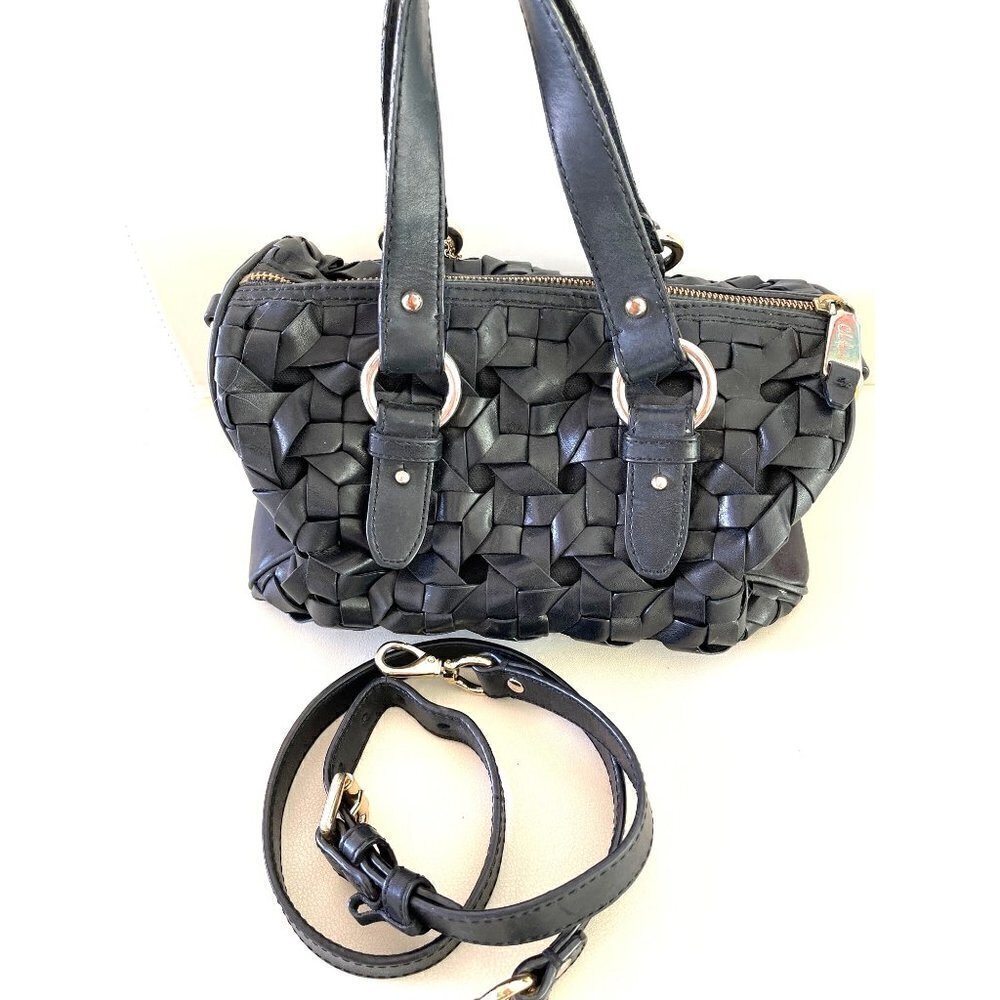 Cole Haan Leather Handbag Womens Woven Barrel Satchel Detachable Strap Black - Picture 2 of 16
